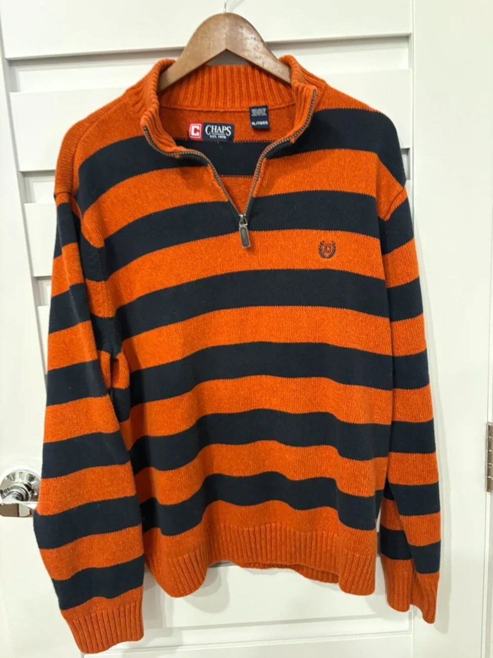 Chaps Men’s XL Quarter Zip Sweater Orange Navy Striped Cotton Preppy UVA